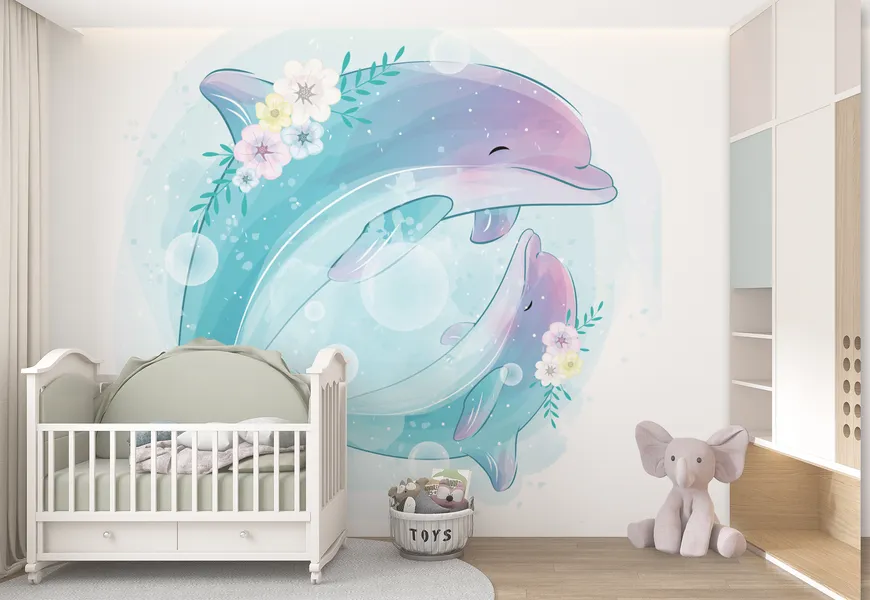 کاغذ دیواری برای اتاق کودک طرح دلفین مادر و کودک