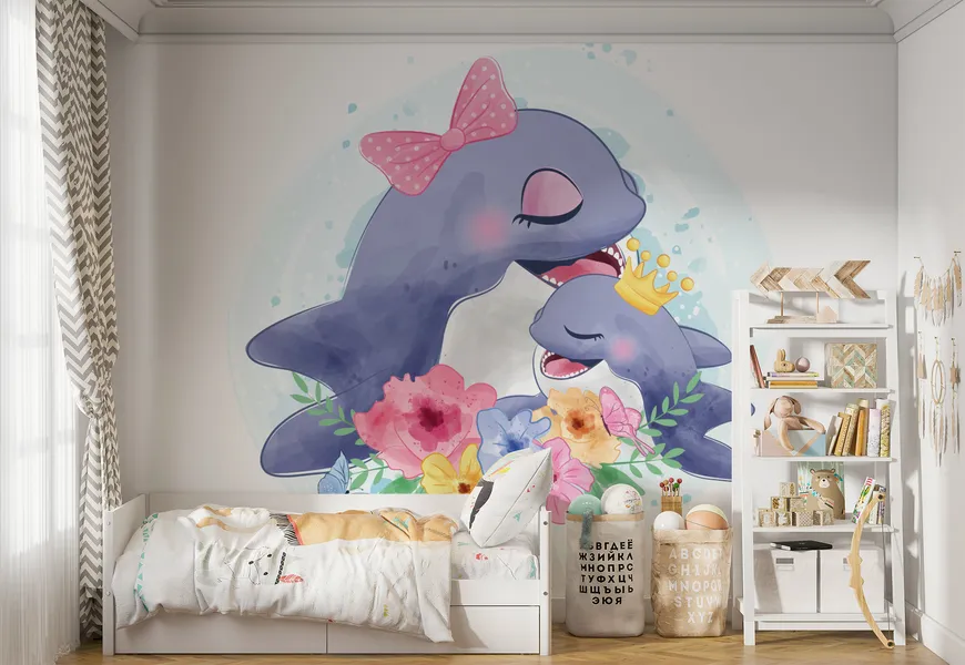 پوستر اتاق کودک طرح دلفین مادر و کودک کیوت