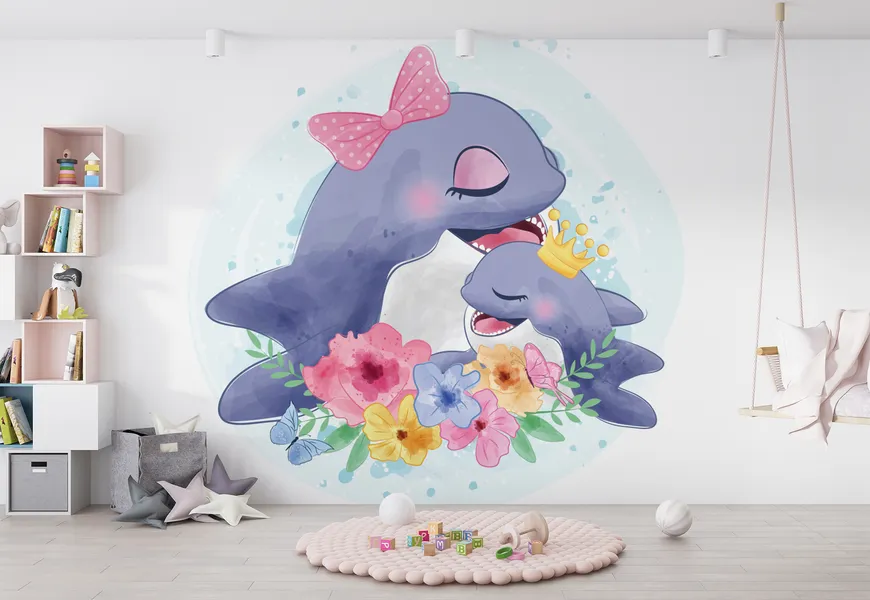 پوستر اتاق کودک طرح دلفین مادر و کودک کیوت