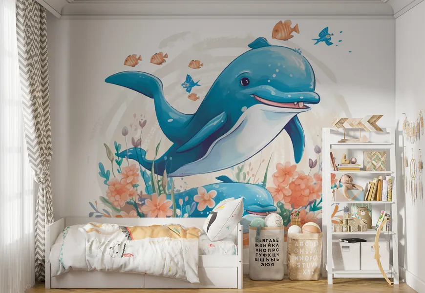 پوستر سه بعدی اتاق کودک طرح بازی دلفین ها