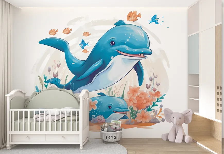 پوستر سه بعدی اتاق کودک طرح بازی دلفین ها