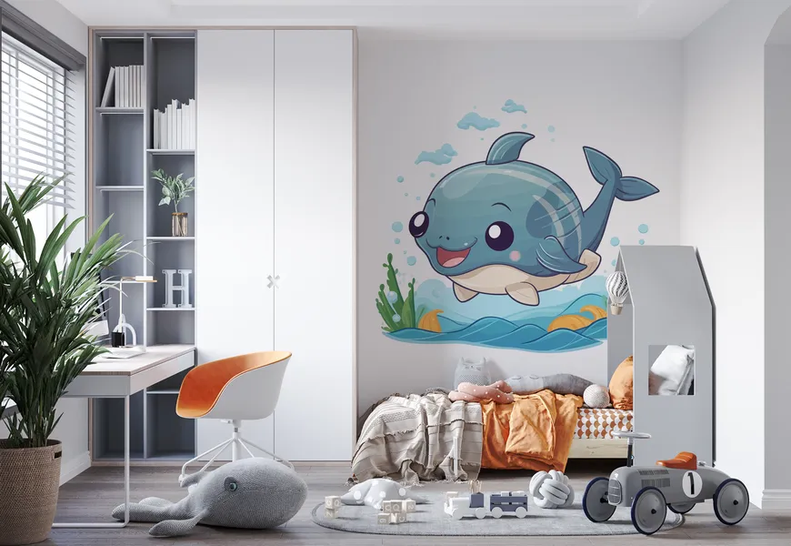 کاغذ دیواری کارتونی اتاق کودک طرح نهنگ ماهی