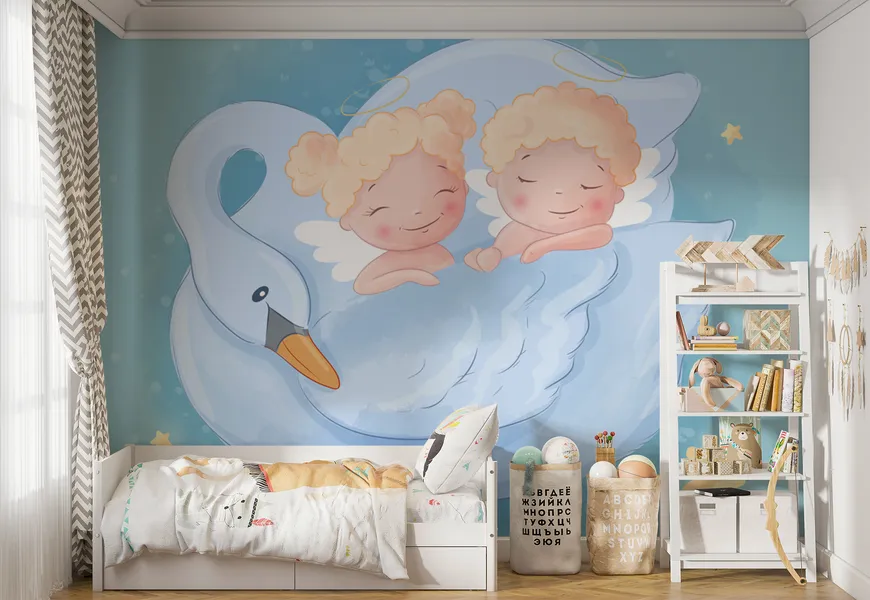 پوستر کارتونی برای اتاق کودک طرح دو فرشته زیر بال قو