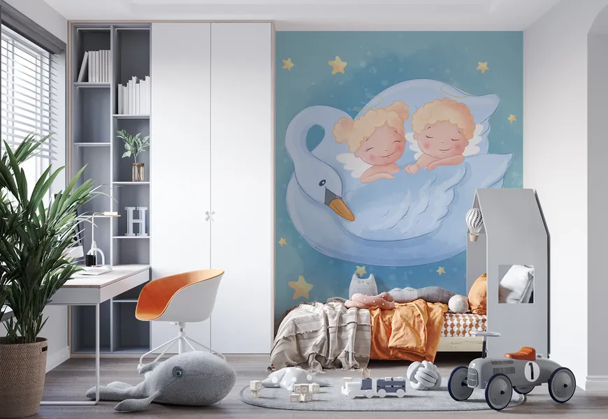 پوستر کارتونی برای اتاق کودک طرح دو فرشته زیر بال قو