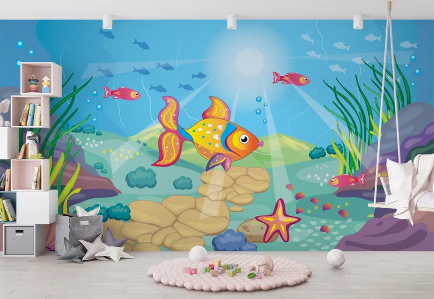 کاغذ دیواری اتاق کودک چشم انداز افسانه ای زیر دریا