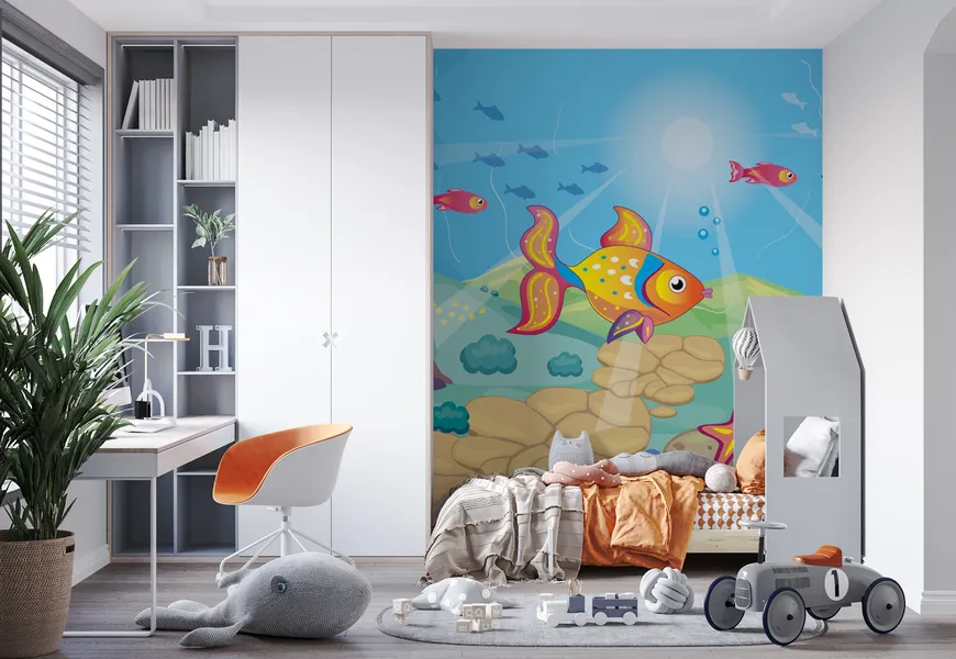 کاغذ دیواری اتاق کودک چشم انداز افسانه ای زیر دریا