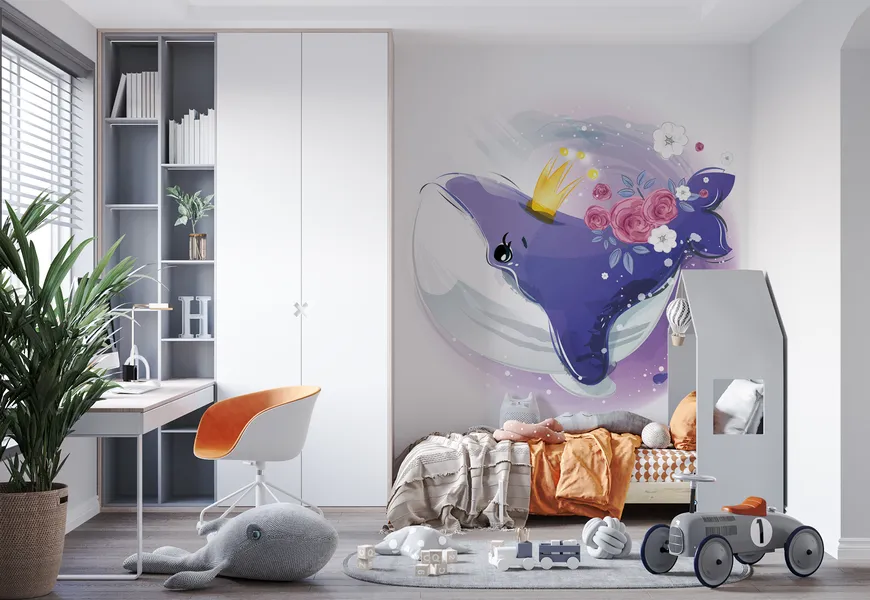 کاغذ دیواری نقاشی آبرنگ اتاق کودک طرح دلفین کیوت