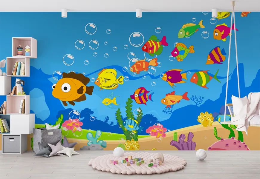 کاغذ دیواری اتاق کودک طرح خانواده بزرگ ماهی های دریا