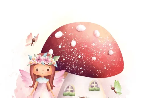 پوستر برای اتاق دختر تصویر خانه قارچی پری و پروانه