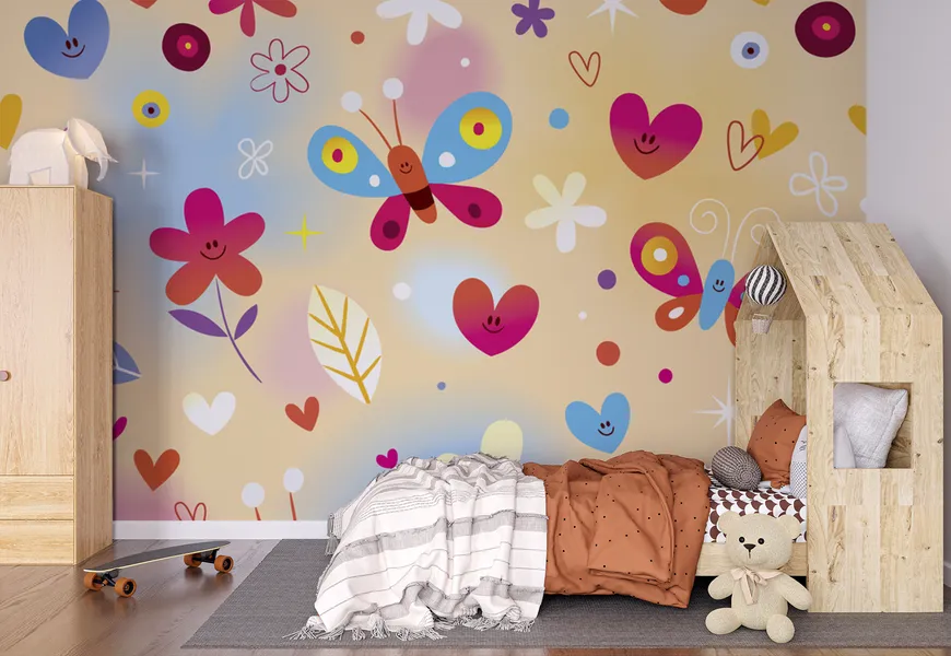 پوستر اتاق دخترانه پترن گل و قلب و پروانه