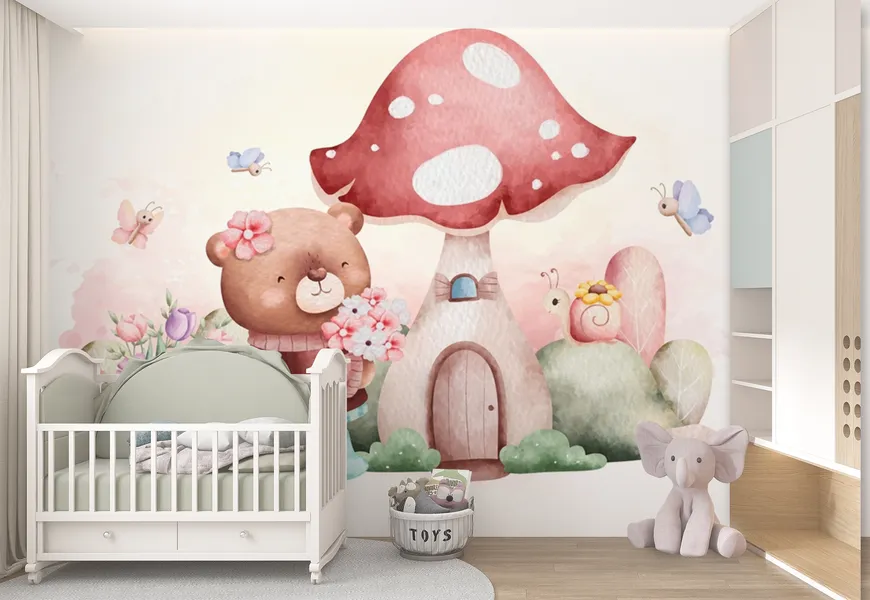 پوستر اتاق کودک طرح خرس و خانه قارچی