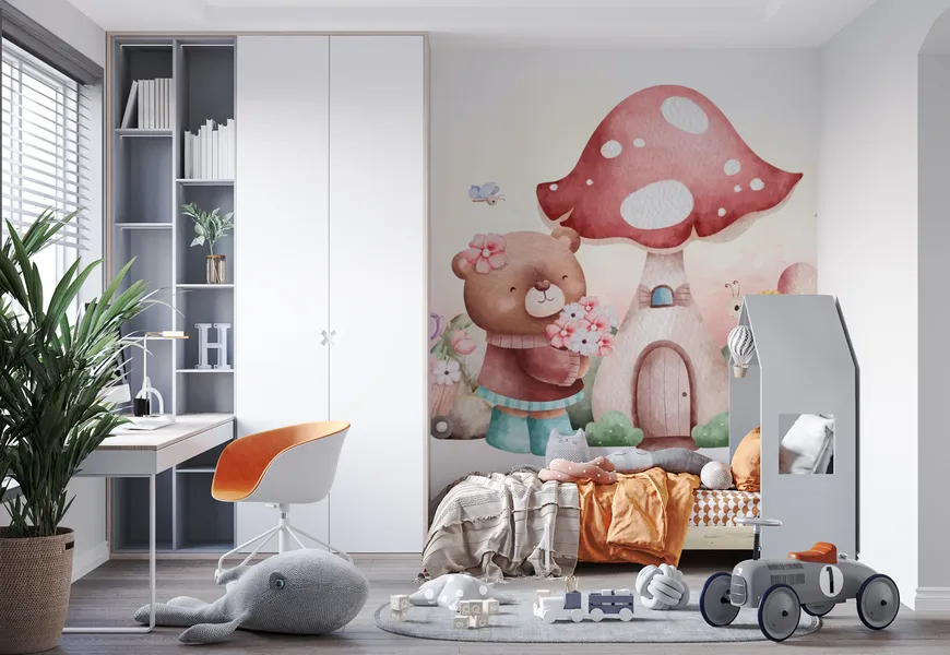 پوستر اتاق کودک طرح خرس و خانه قارچی
