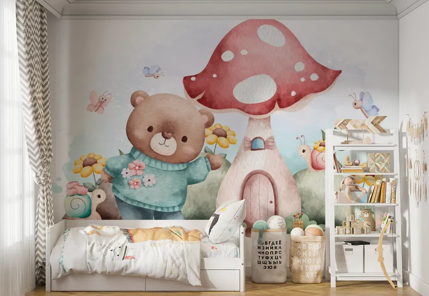 کاغذ دیواری اتاق دختر طرح خرس و خانه قارچی