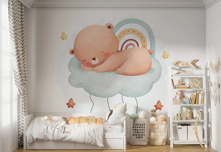 کاغذ دیواری اتاق کودک طرح بچه خرس خواب