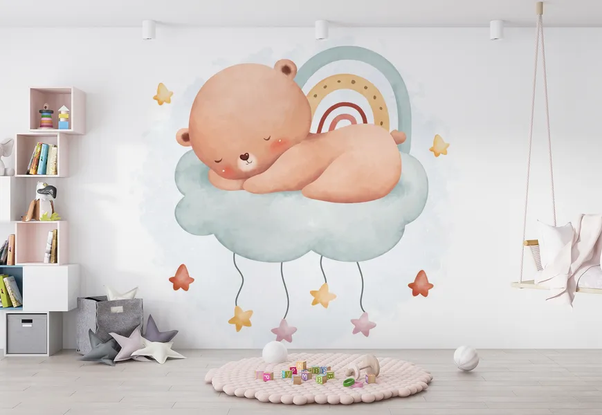 کاغذ دیواری اتاق کودک طرح بچه خرس خواب