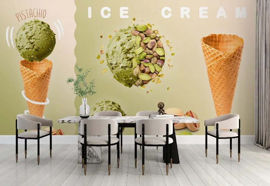 پوستر بستنی فروشی طرح اسکوپ بستنی پسته و مخروطی وافل