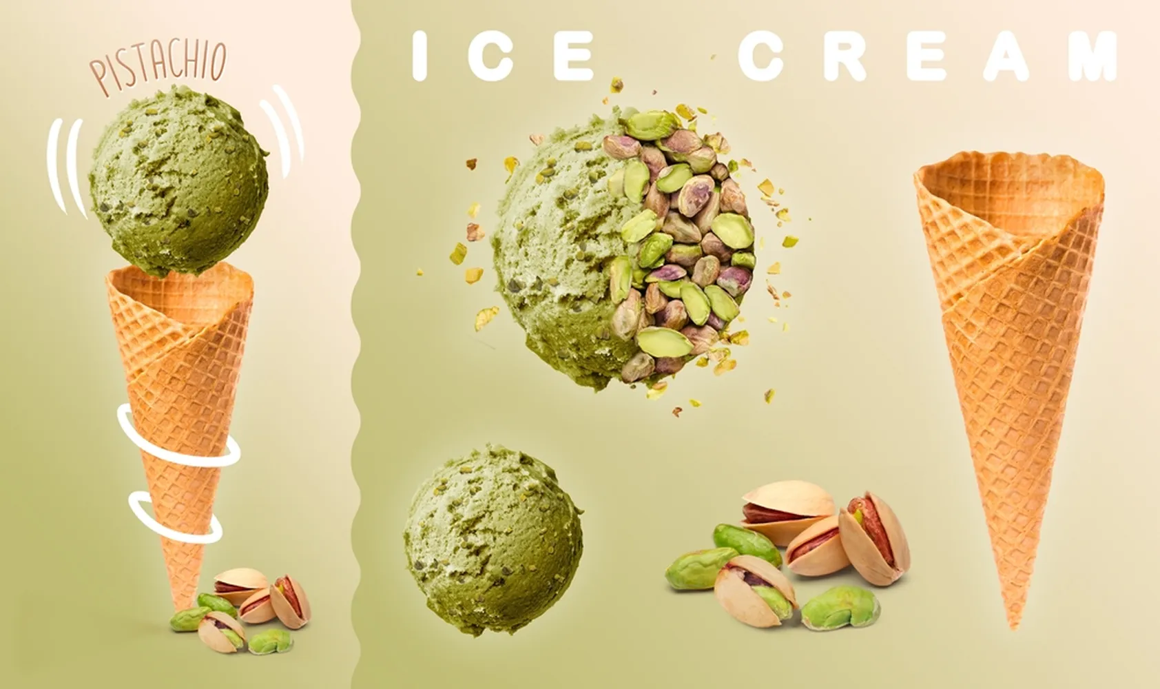 پوستر بستنی فروشی طرح اسکوپ بستنی پسته و مخروطی وافل