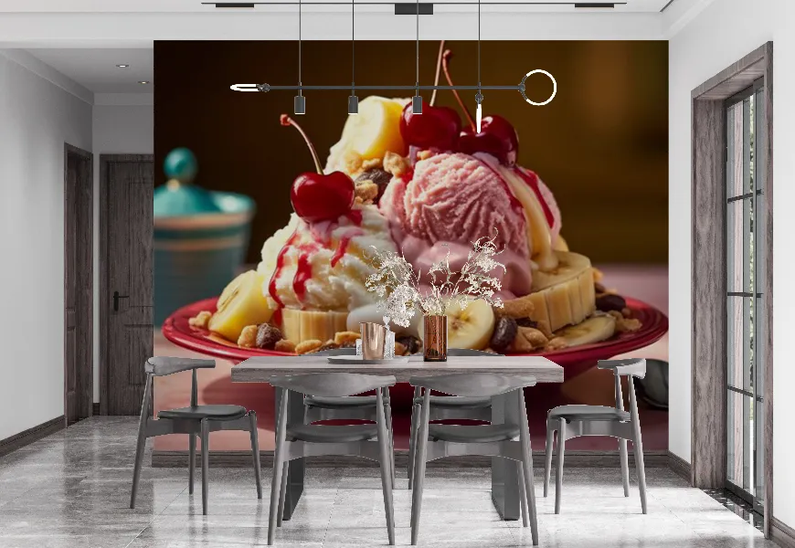 پوستر سه بعدی بستنی فروشی طرح کاسه بستنی اسپلیت موز