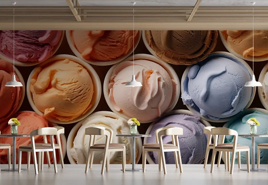 پوستر دیواری بستنی فروشی طرح مخروط های بستنی با طعم های مختلف