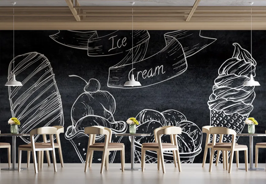 پوستر بستنی فروشی طرح نقاشی انواع بستنی روی تخته سیاه