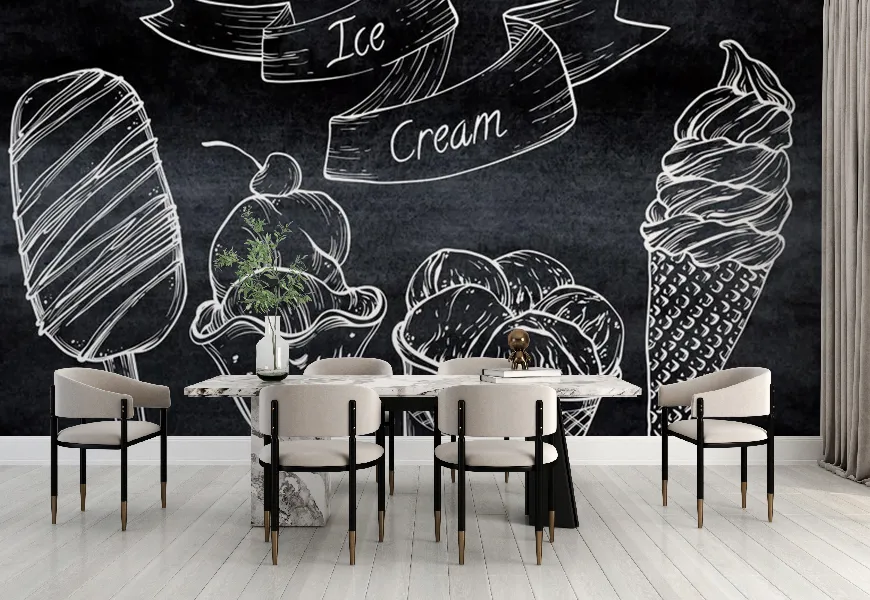 پوستر بستنی فروشی طرح نقاشی انواع بستنی روی تخته سیاه
