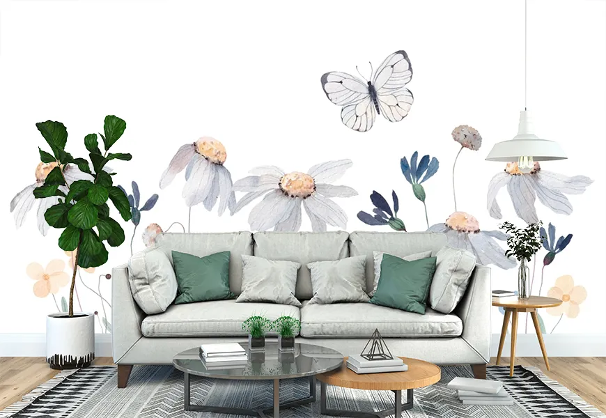 پوستر سه بعدی نقاشی آبرنگ پروانه و گل های وحشی
