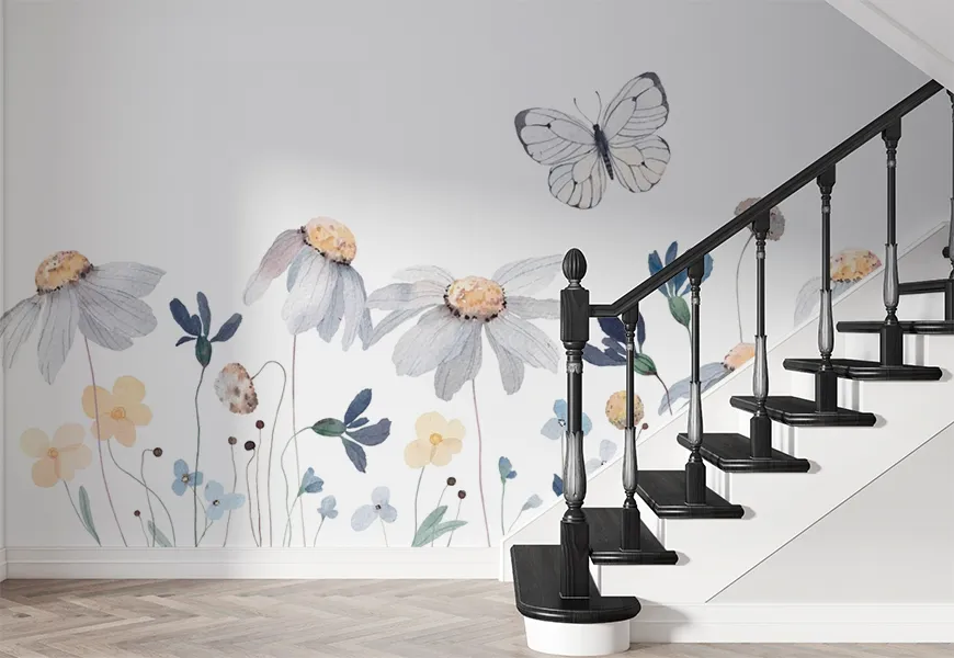 پوستر سه بعدی نقاشی آبرنگ راهرو پروانه و گل های وحشی