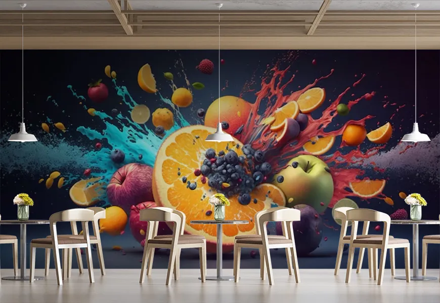 کاغذ دیواری بستنی فروشی طرح مخلوط میوه ها و آب میوه