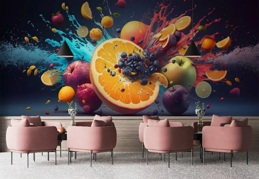 کاغذ دیواری بستنی فروشی طرح مخلوط میوه ها و آب میوه