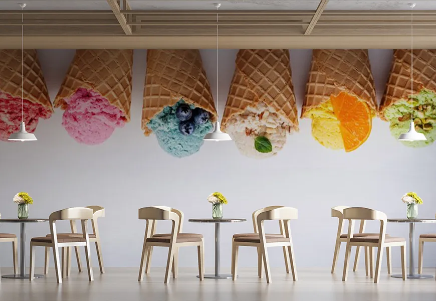 کاغذ دیواری بستنی فروشی طرح مخروط های بستنی با طعم مختلف