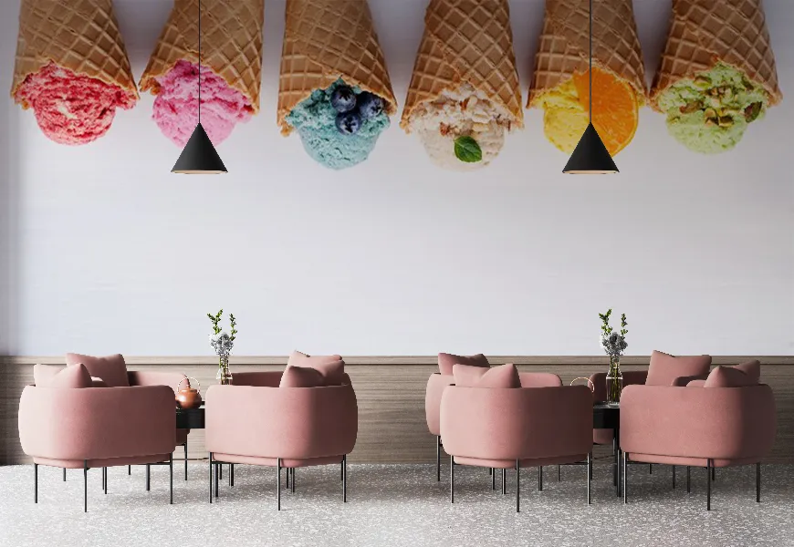 کاغذ دیواری بستنی فروشی طرح مخروط های بستنی با طعم مختلف