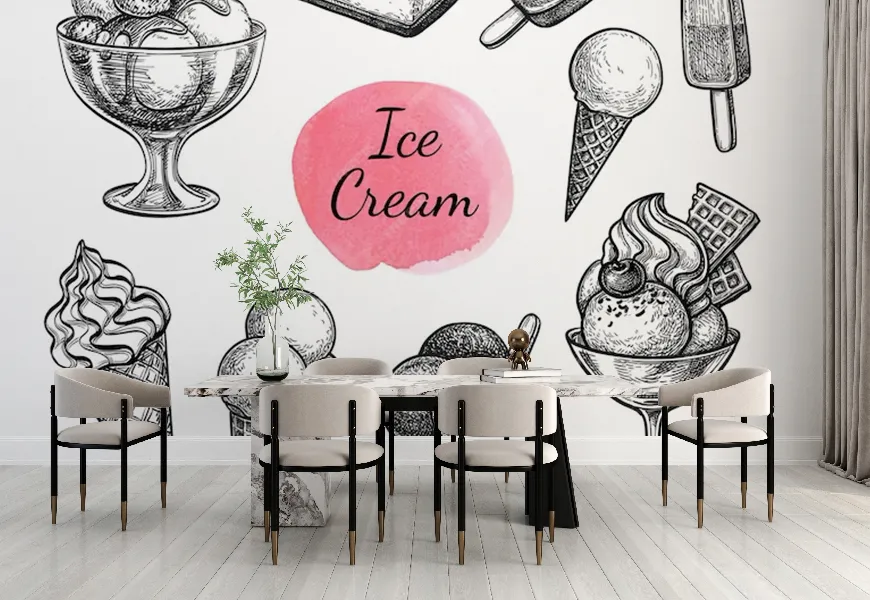 پوستر برای بستنی فروشی طرح سیاه قلم انواع بستنی