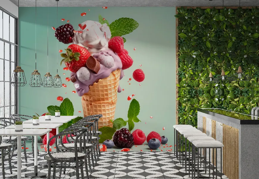 کاغذ دیواری سه بعدی بستنی فروشی طرح بستنی قیفی