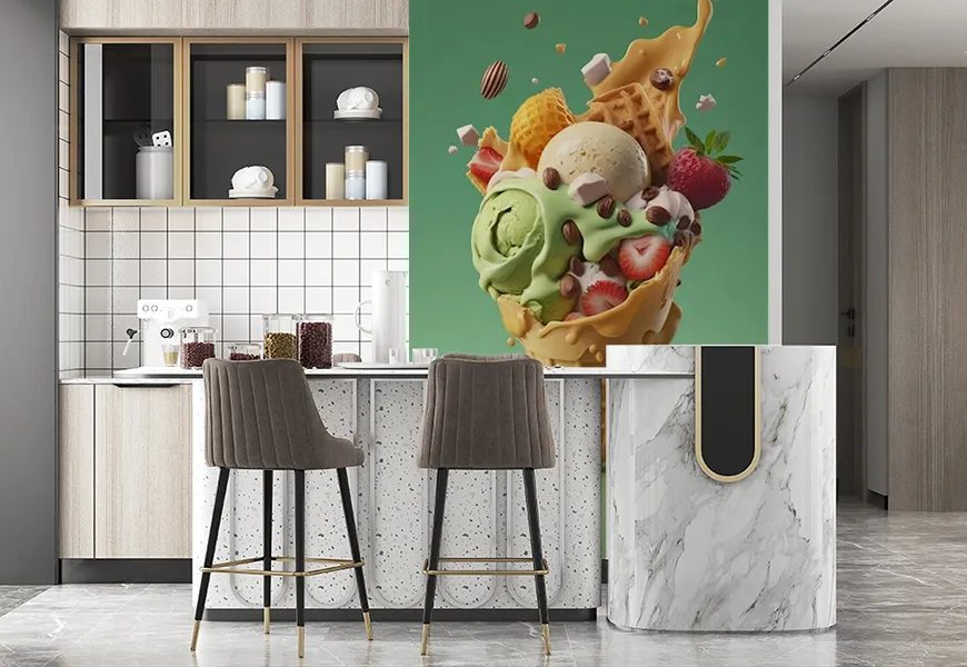 کاغذ دیواری 3 بعدی بستنی فروشی طرح وافل خوشمزه