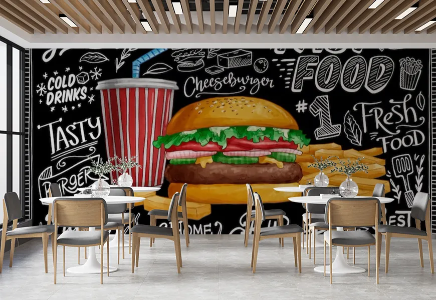 کاغذ دیواری 3 بعدی رستوران و فست فود طرح برگر
