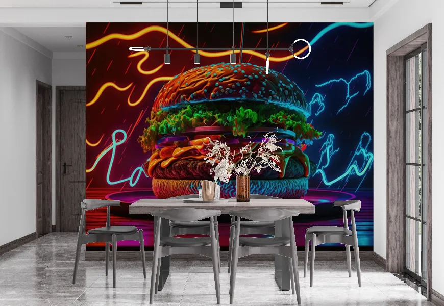 پوستر دیواری سه بعدی رستوران و فست فود طرح برگر با تابلوی نئونی