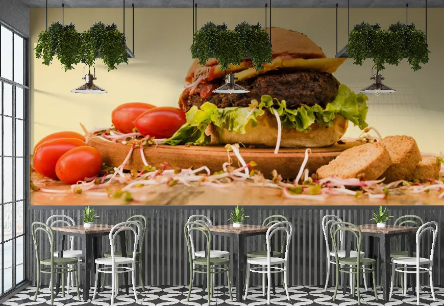 پوستر رستوران و فست فود طرح همبرگر خوشمزه با گوجه گیلاسی