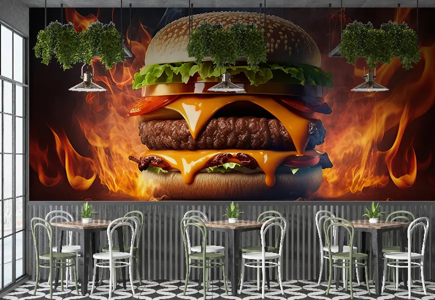 پوستر 3 بعدی برای رستوران و فست فود طرح برگر آتشین