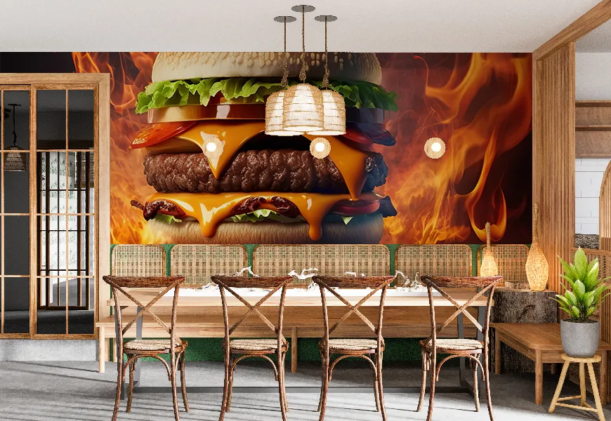 پوستر 3 بعدی برای رستوران و فست فود طرح برگر آتشین