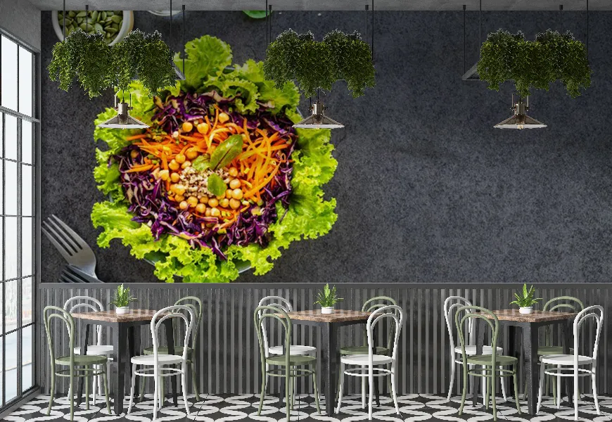 پوستر برای رستوران و فست فودنمای بالا بشقاب سالاد سبزیجات