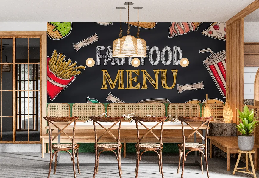 کاغذ دیواری برای رستوران و فست فود طرح منوی غذاهای فوری