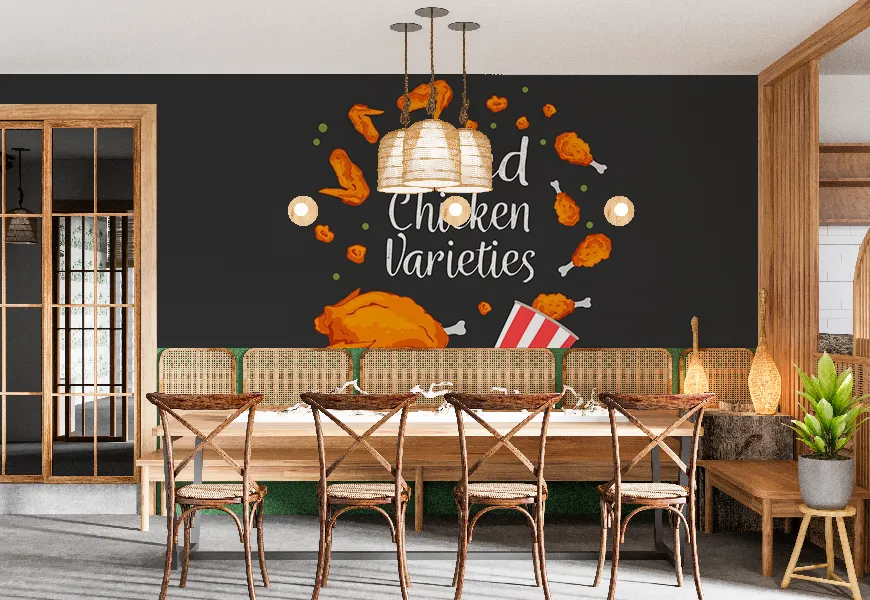 کاغذ دیواری برای رستوران و فست فود طرح مرغ سوخاری