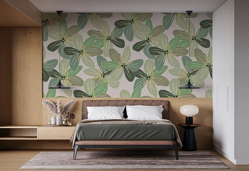 پوستر سه بعدی نقاشی آبرنگ اتاق خواب طرح گلهای استوایی