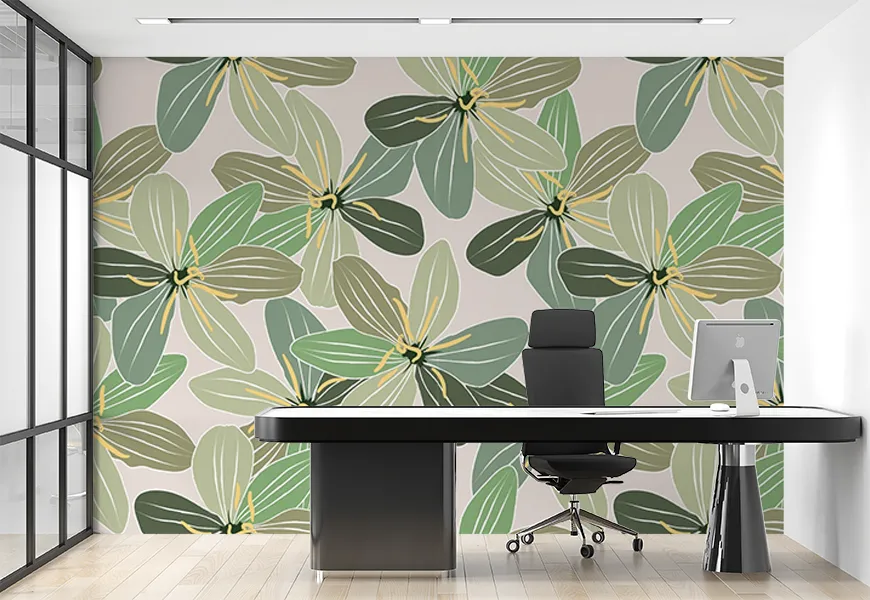 پوستر سه بعدی نقاشی آبرنگ طرح گلهای سبز استوایی
