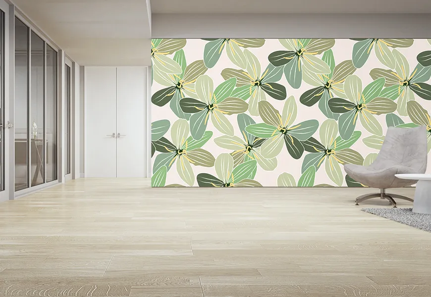 پوستر سه بعدی نقاشی آبرنگ طرح گلهای سبز استوایی