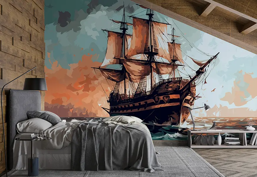 پوستر سه بعدی نقاشی کشتی چوبی