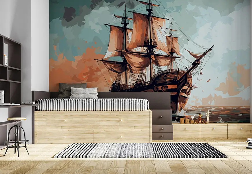 پوستر سه بعدی نقاشی کشتی چوبی