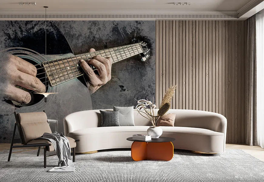 کاغذ دیواری سه بعدی طرح کلوز آپ نوازنده گیتار آکوستیک