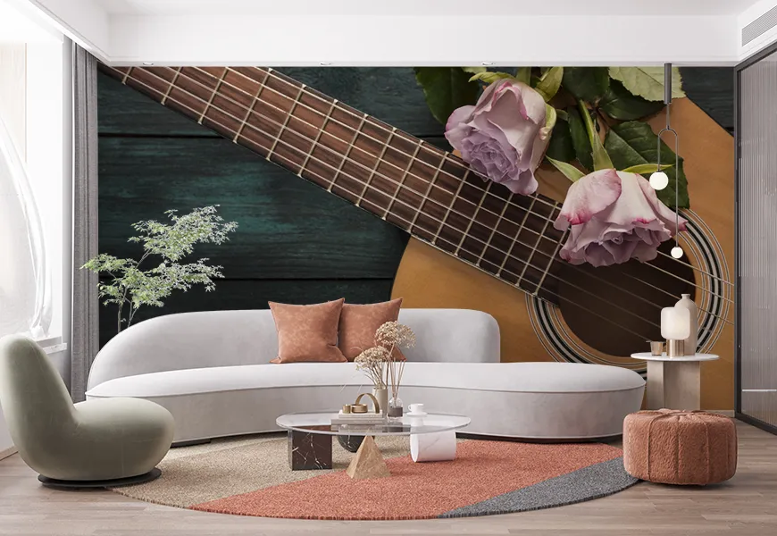 پوستر دیواری سه بعدی گل رز صورتی روی گیتار
