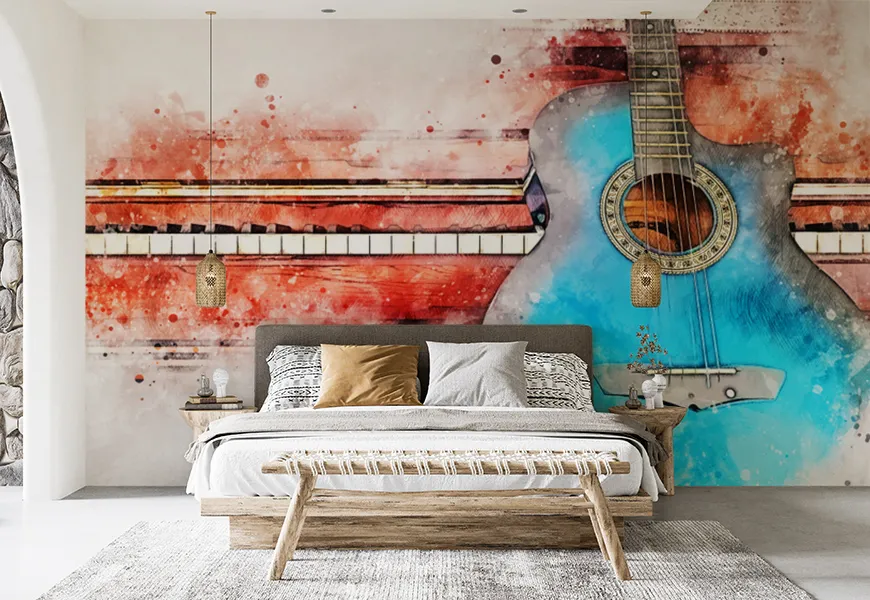 پوستر رنگارنگ اتاق خواب طرح گیتار روی صفحه کلید پیانو